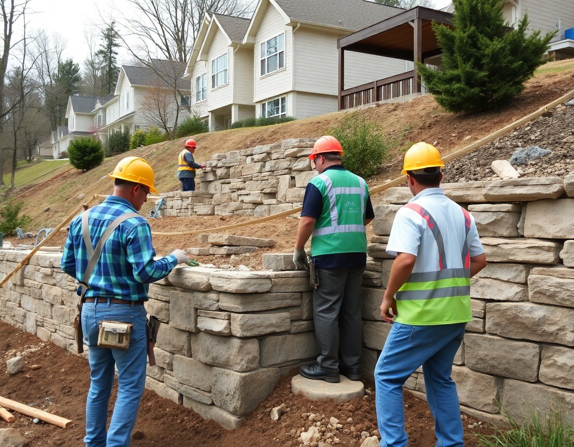 Construction crew building a stone retaining wall on a hillside job site