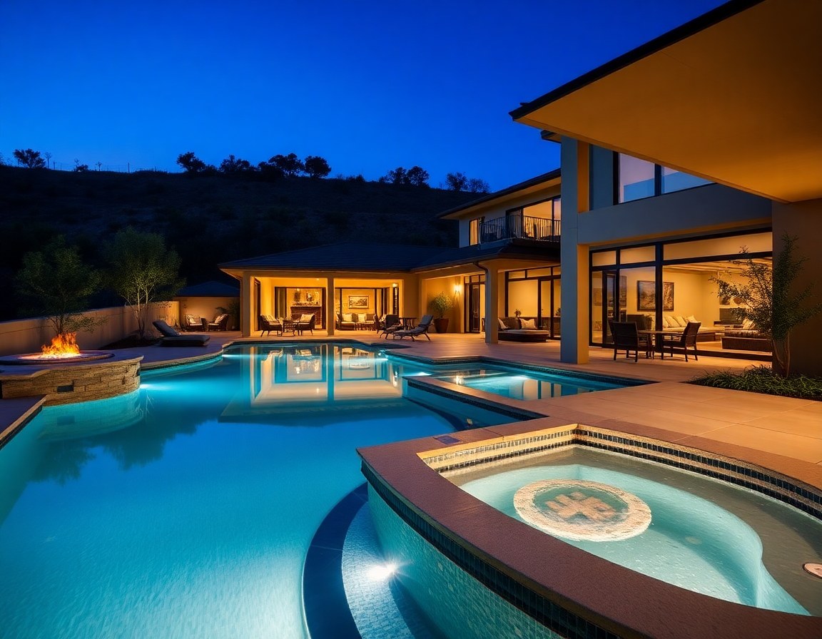 Backyard pool and spa with fire bowls, lit at night