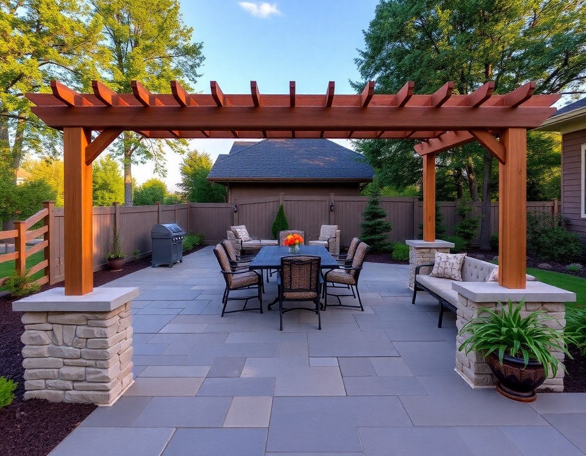Flagstone patio with pergola and outdoor dining set