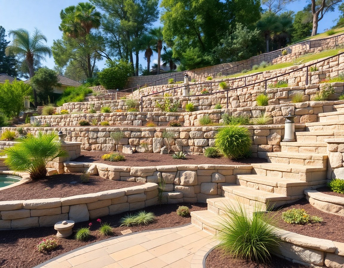 Terraced hillside with stacked stone retaining walls