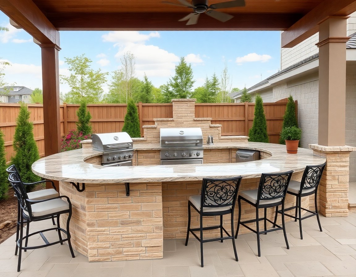 Built-in barbecue island with stone veneer and bar seating