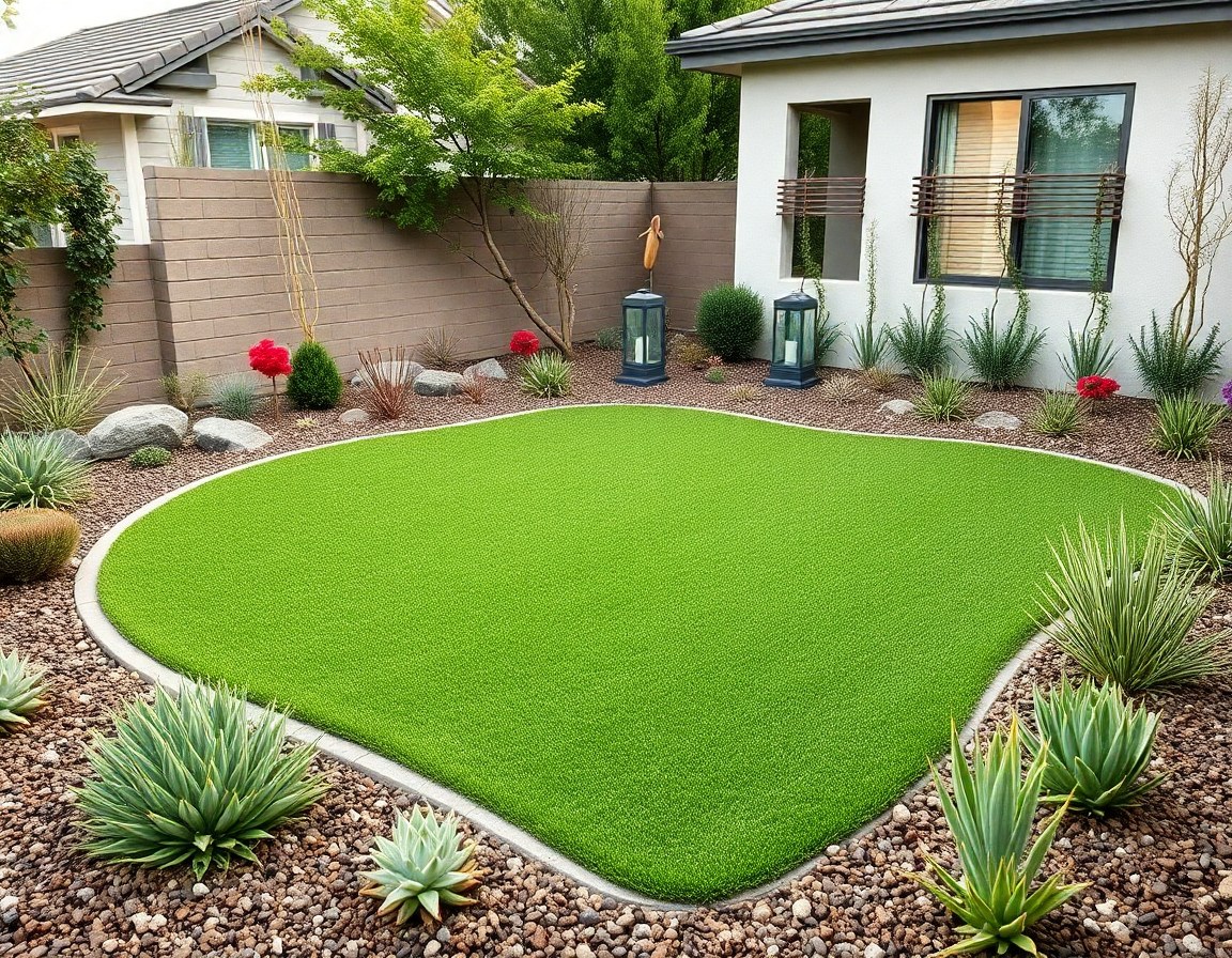 Artificial turf lawn with drought-tolerant border planting
