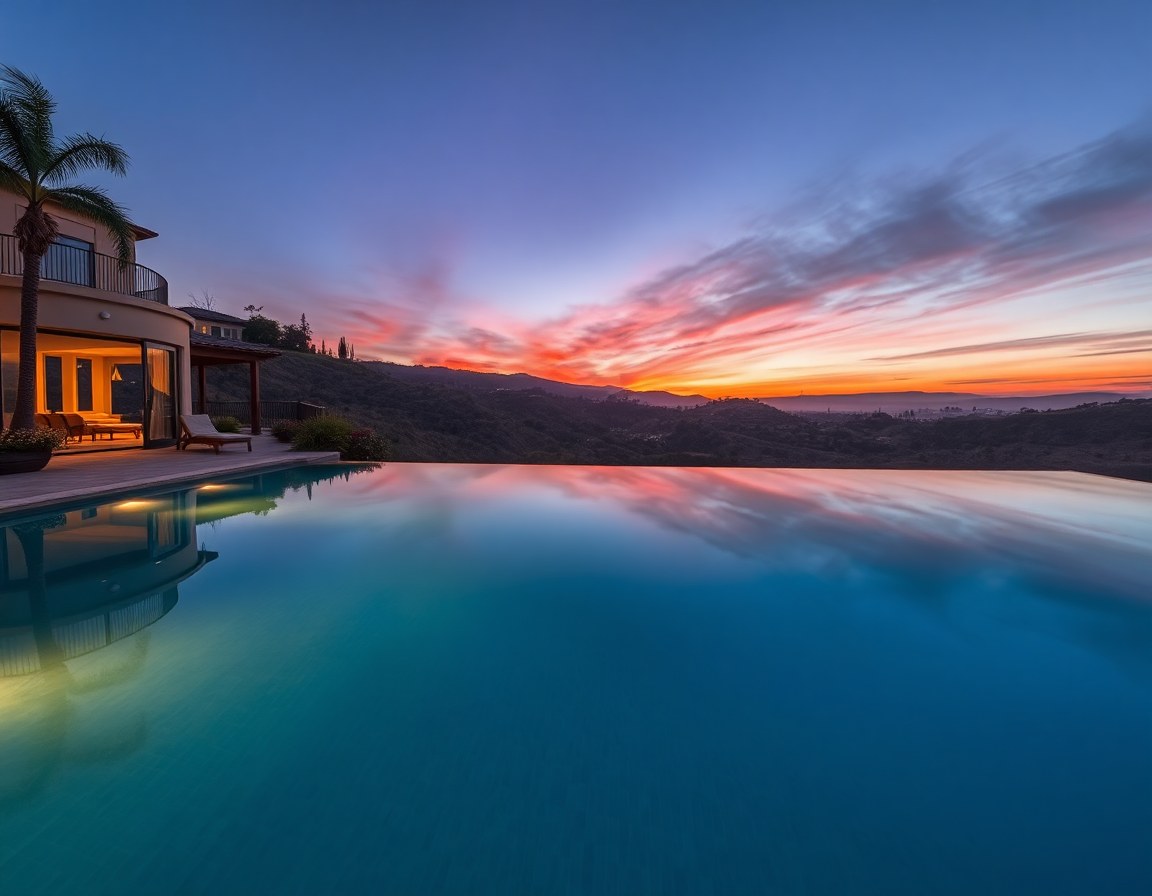 Infinity-edge pool overlooking a hillside view at sunset