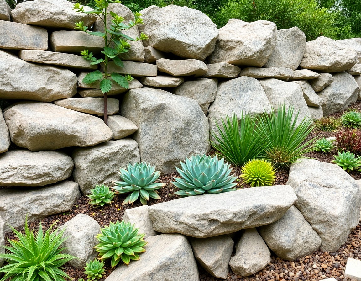 Stone garden wall with boulders and succulent planting