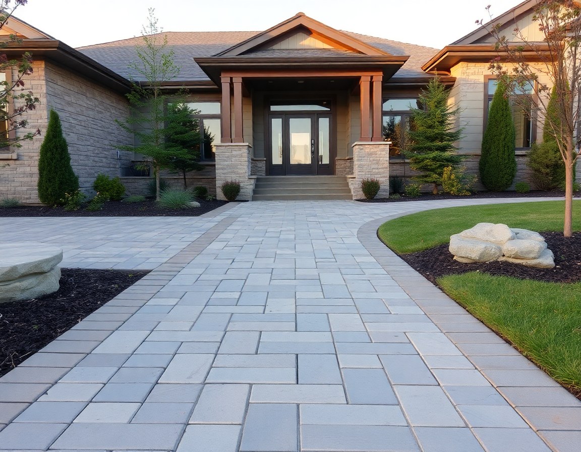 Paver driveway and walkway with natural stone accents