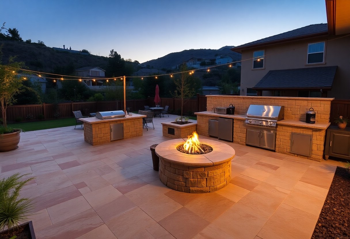 Travertine paver patio with built-in barbecue island and fire pit at dusk