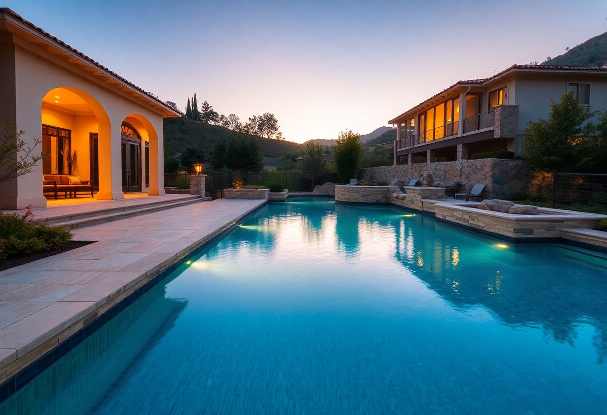 Luxury backyard pool with natural stone deck at dusk in Calabasas, CA