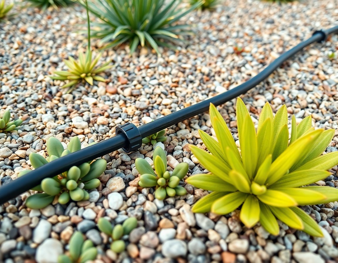 Close-up of a drought-tolerant planting bed with gravel mulch and drip irrigation line