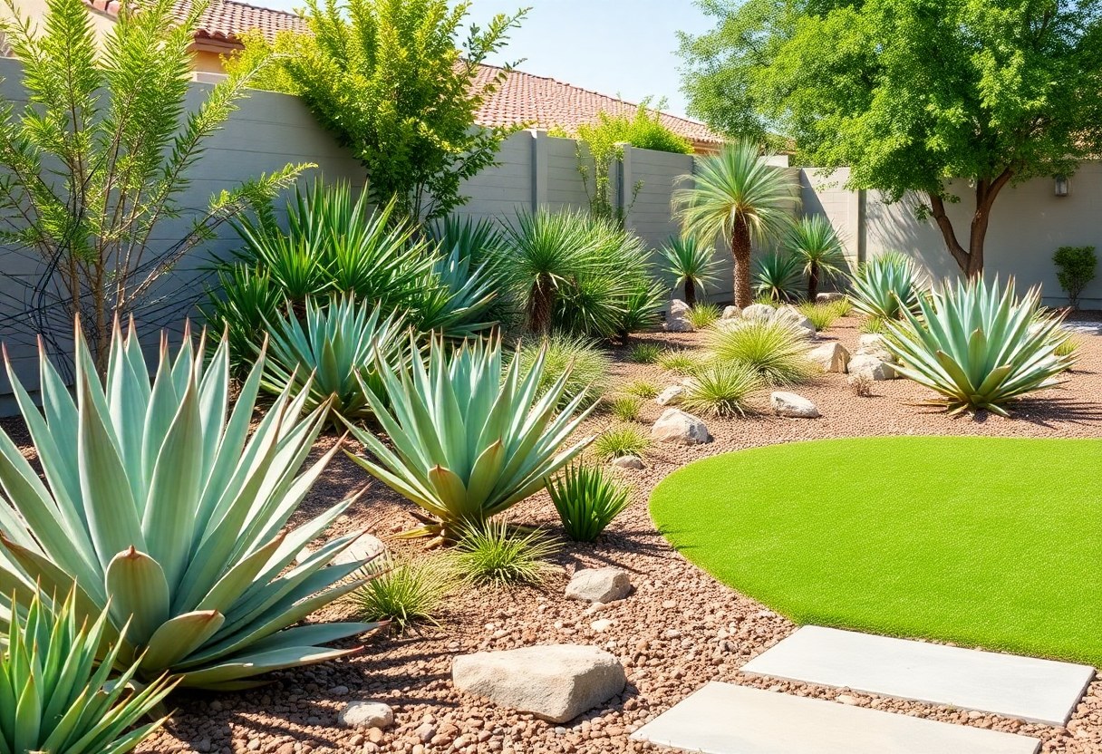 Drought-tolerant landscape with succulents, artificial turf lawn and stone pathway