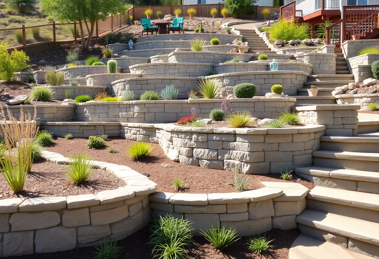Engineered natural stone retaining wall terracing a hillside backyard